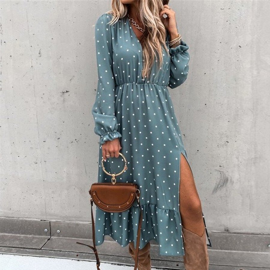 Women Boho Point Printed Long Sleeve Maxi Dress