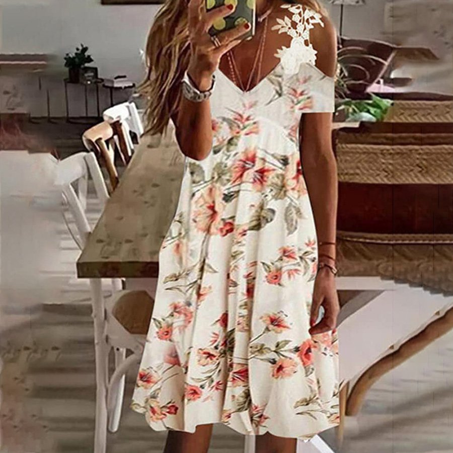 Ladies Lace V-Neck Off-Shoulder Print Dress