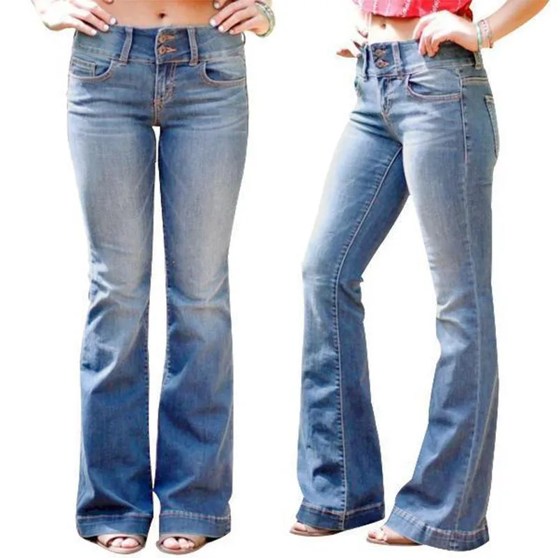 MID WAIST CASUAL BUTTON BELL-BOTTOM JEANS
