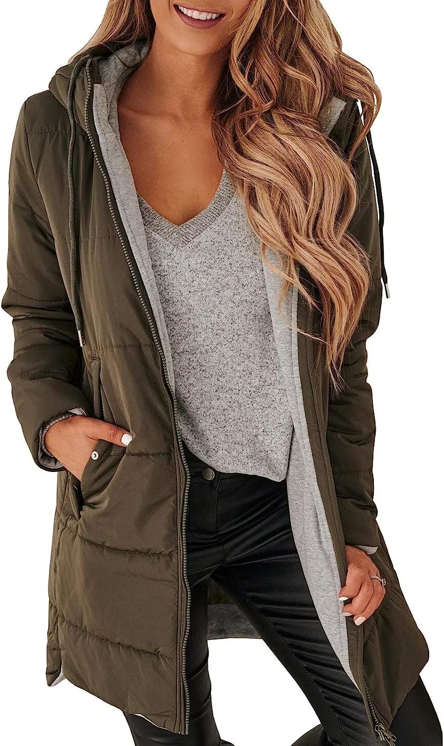 🔥🔥🔥🔥Women's Mid Quilted Jacket with Hood & Pockets