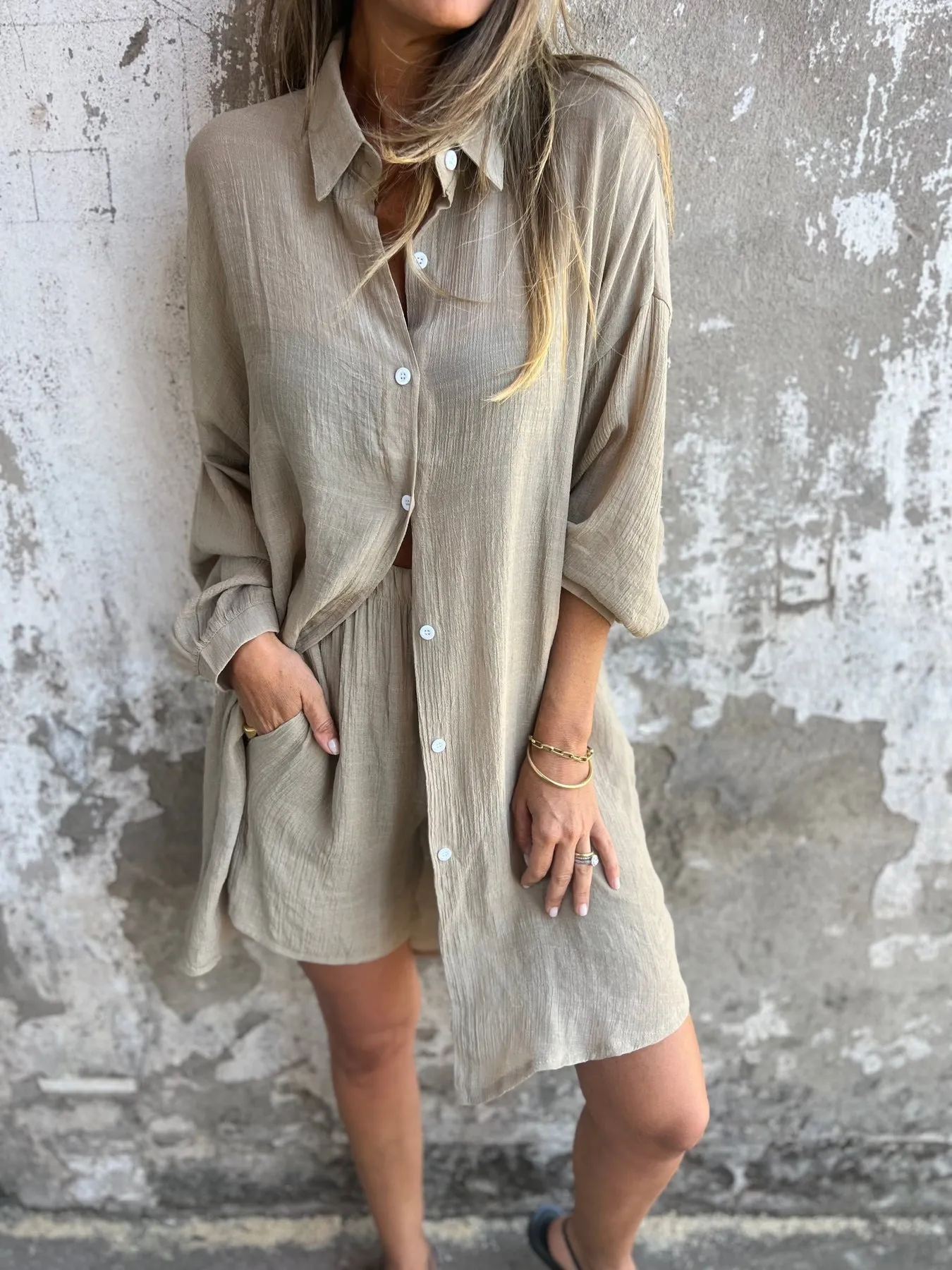 🔥🔥🔥🔥Solid Color Loose Shirt And Shorts Two-Piece Set