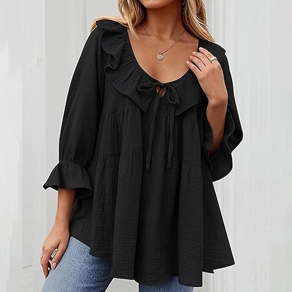 🔥HOT SALE🔥3/4 Sleeve Tee Round Neck Tie Front Layered Ruffle Shirt(BUY 2 FREE SHIPPING)