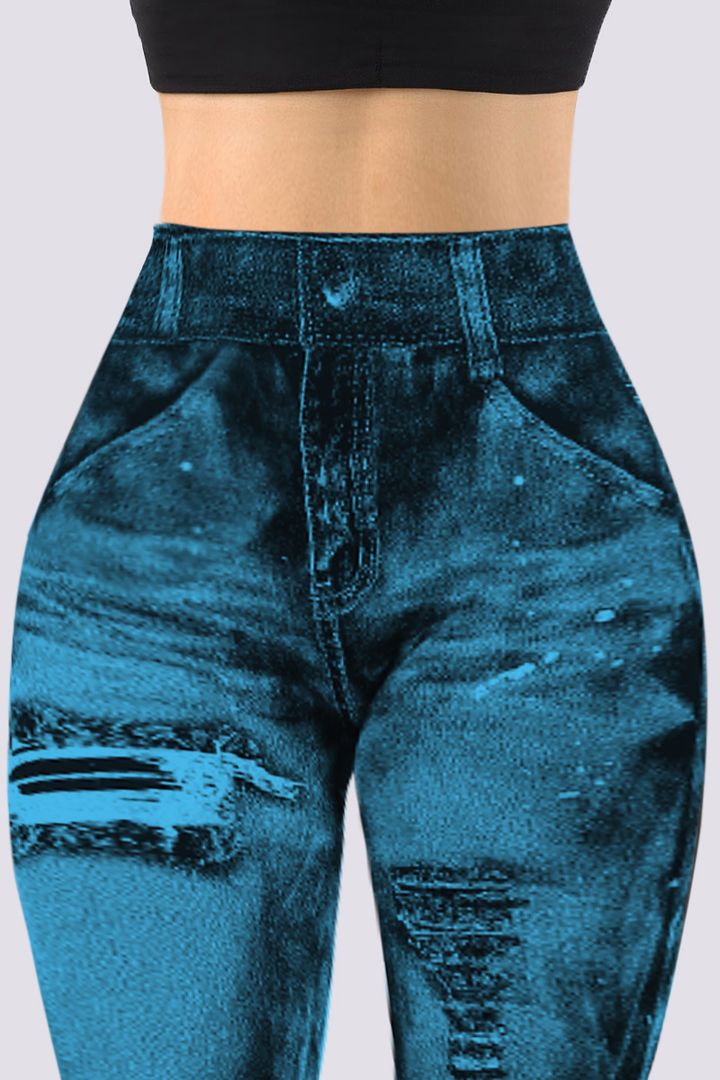 DENIM LOOK HIGH WAIST SPORTS LEGGINGS