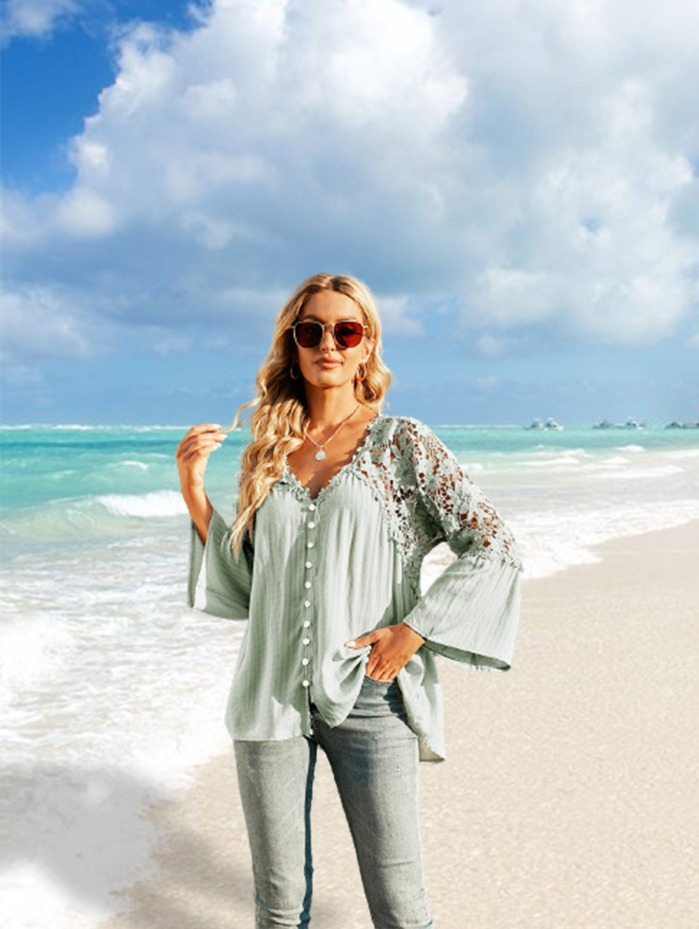 Womens Lace Crochet V Neck Long Sleeve Button Down Shirts Loose Blouses Tops