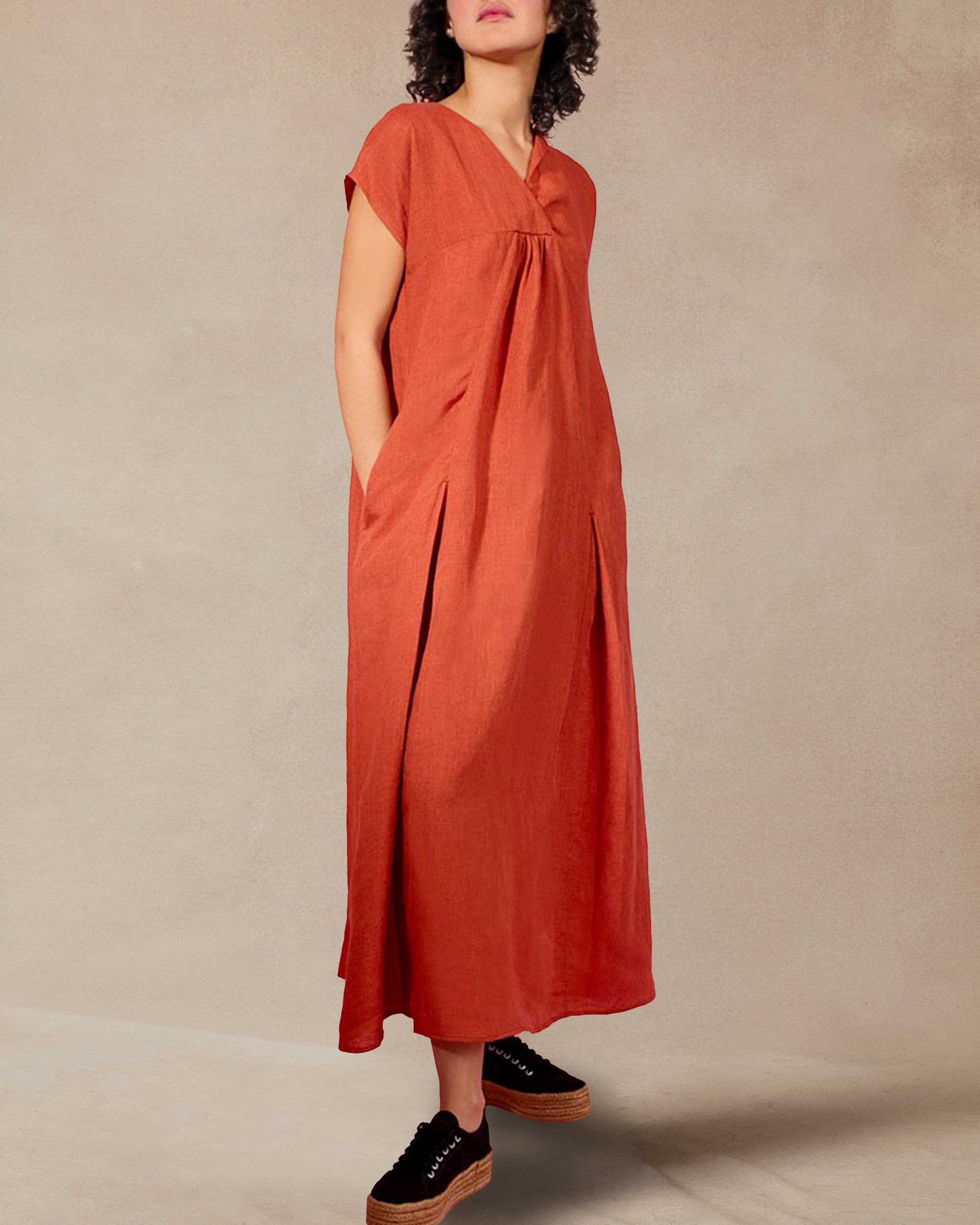 Chic V-Neck Loose Cotton Linen Dress