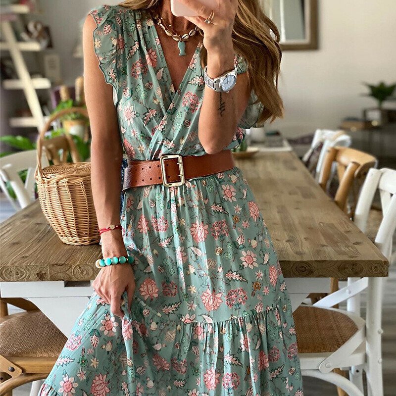 V-neck Printed Dress Women