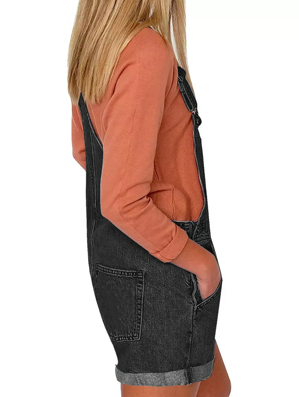 Women's Casual Cuffed Denim Bib Strap Overall Shorts Romper Shortall Jeans