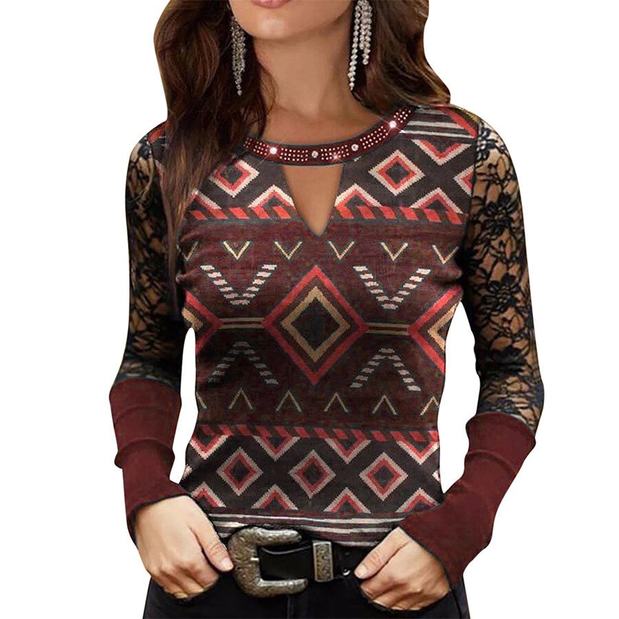 Ladies Retro Western Lace Rhinestone Long Sleeve Top