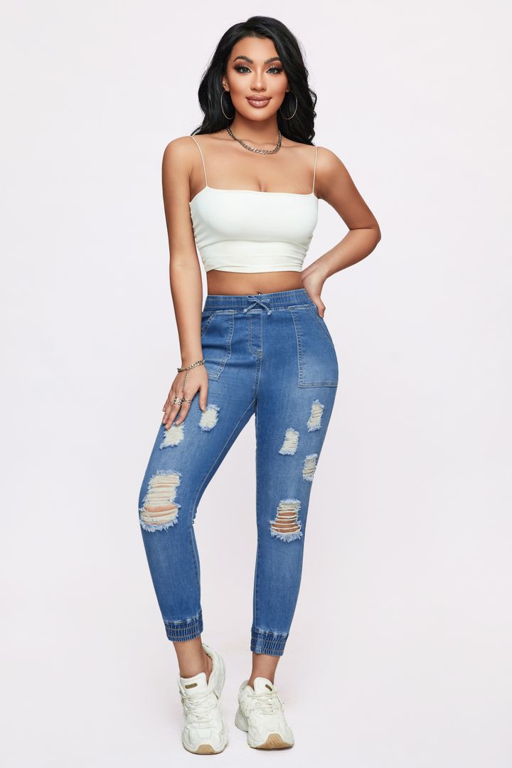 Midiross Ripped Drawstring Elastic Waist Pocket Detail Capris Jeans
