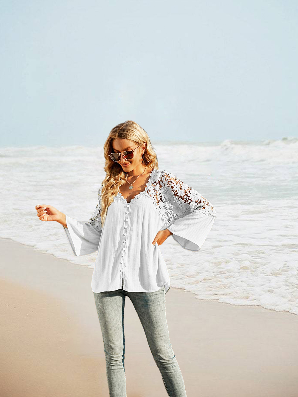 Womens Lace Crochet V Neck Long Sleeve Button Down Shirts Loose Blouses Tops