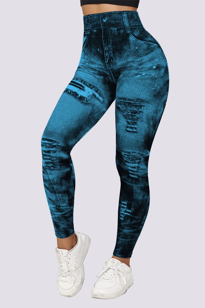 DENIM LOOK HIGH WAIST SPORTS LEGGINGS
