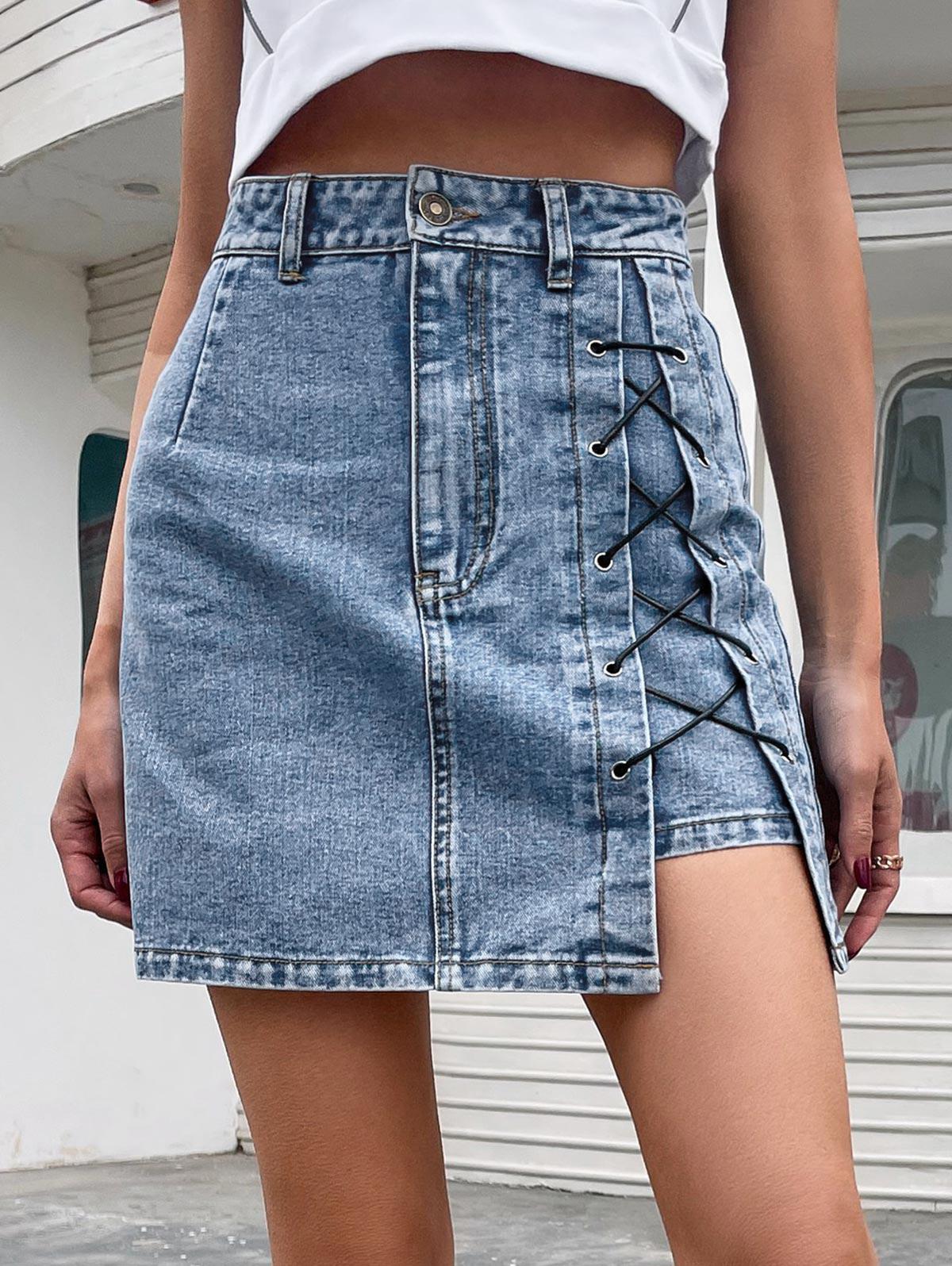 Notched Front Lace Up Denim Mini Skirt