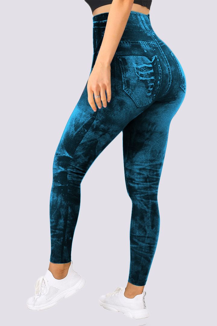DENIM LOOK HIGH WAIST SPORTS LEGGINGS