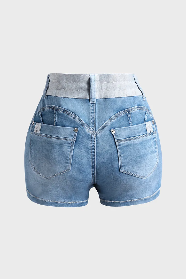 Midiross Drawstring Contrast Binding Ripped High Waist Denim Skort