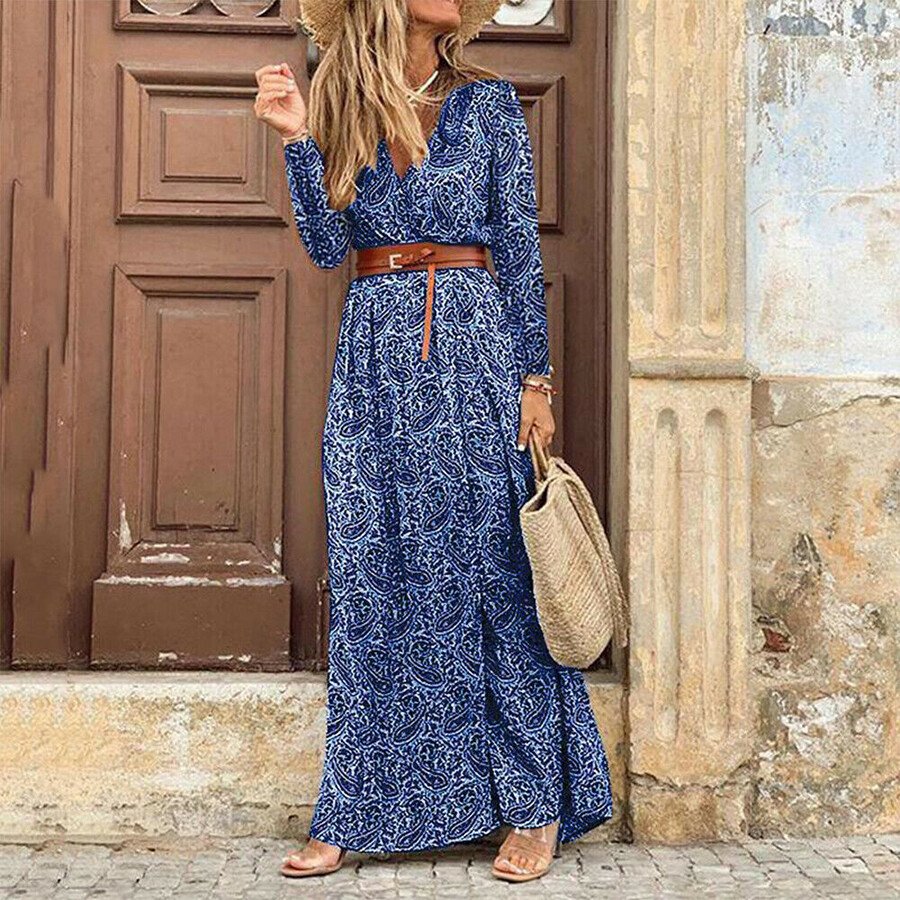 Autumn Winter Long Sleeve V-Neck Bohemian Floral Dress