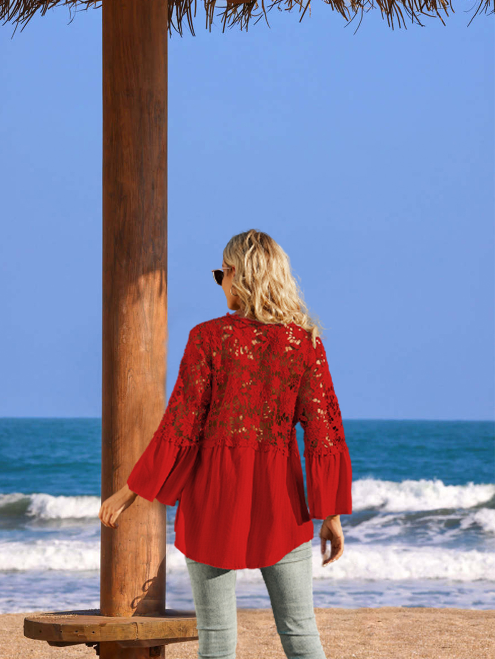 Womens Lace Crochet V Neck Long Sleeve Button Down Shirts Loose Blouses Tops