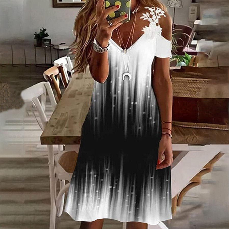 Ladies Lace V-Neck Off-Shoulder Print Dress