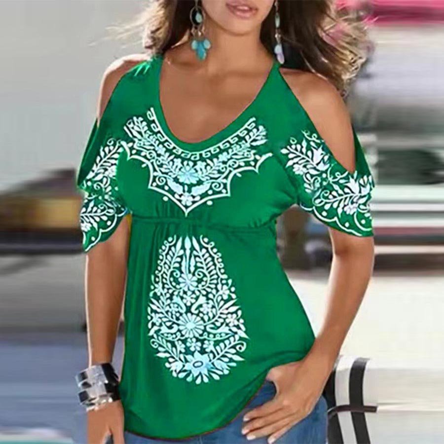 Green Loose V-neck Pleated Print Off Shoulder Short Sleeve T-shirt