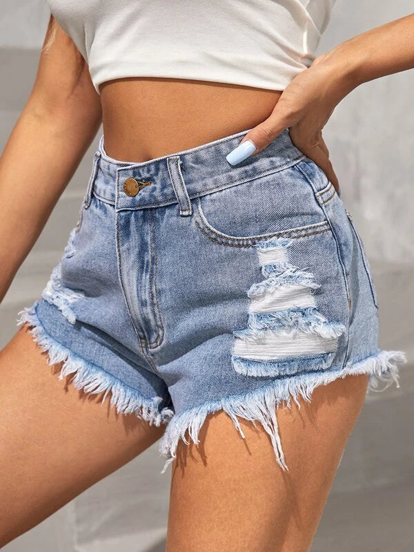 High Waist Ripped Raw Hem Denim Shorts