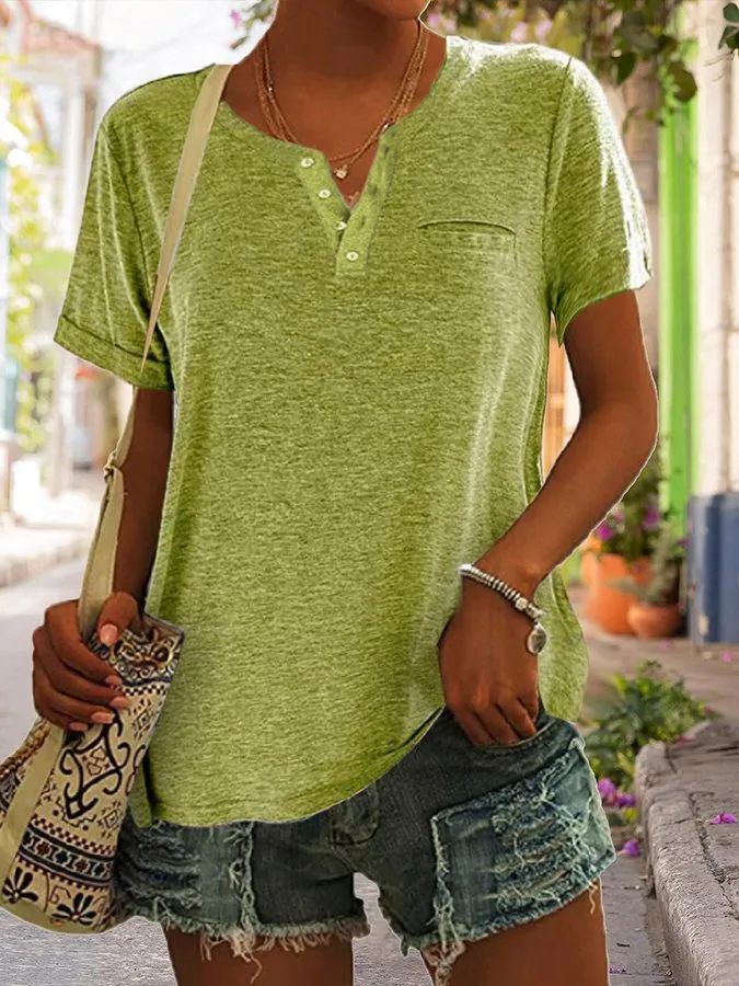 FASHION SOLID COLOR POCKET SHORT SLEEVE T-SHIRT
