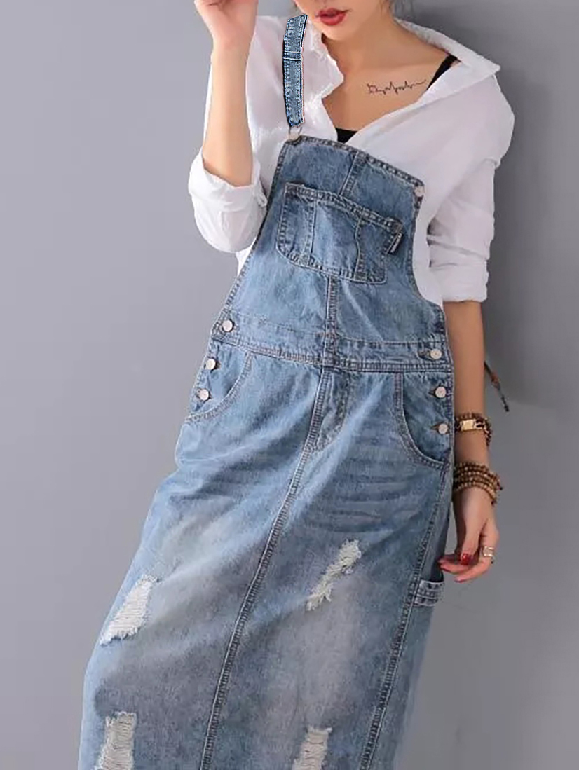 Midiross Ripped Denim Overall Dress
