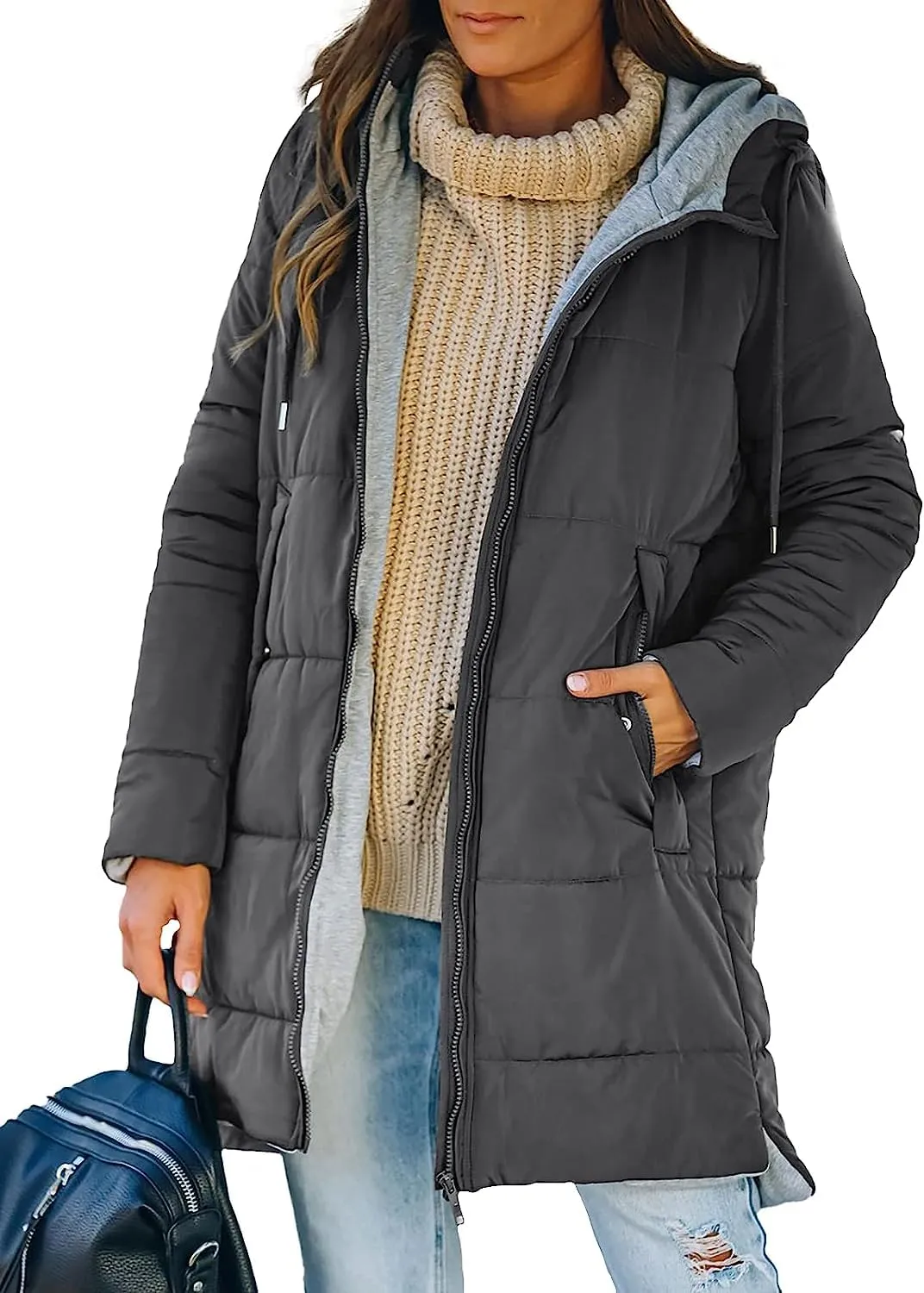 🔥🔥🔥🔥Women's Mid Quilted Jacket with Hood & Pockets