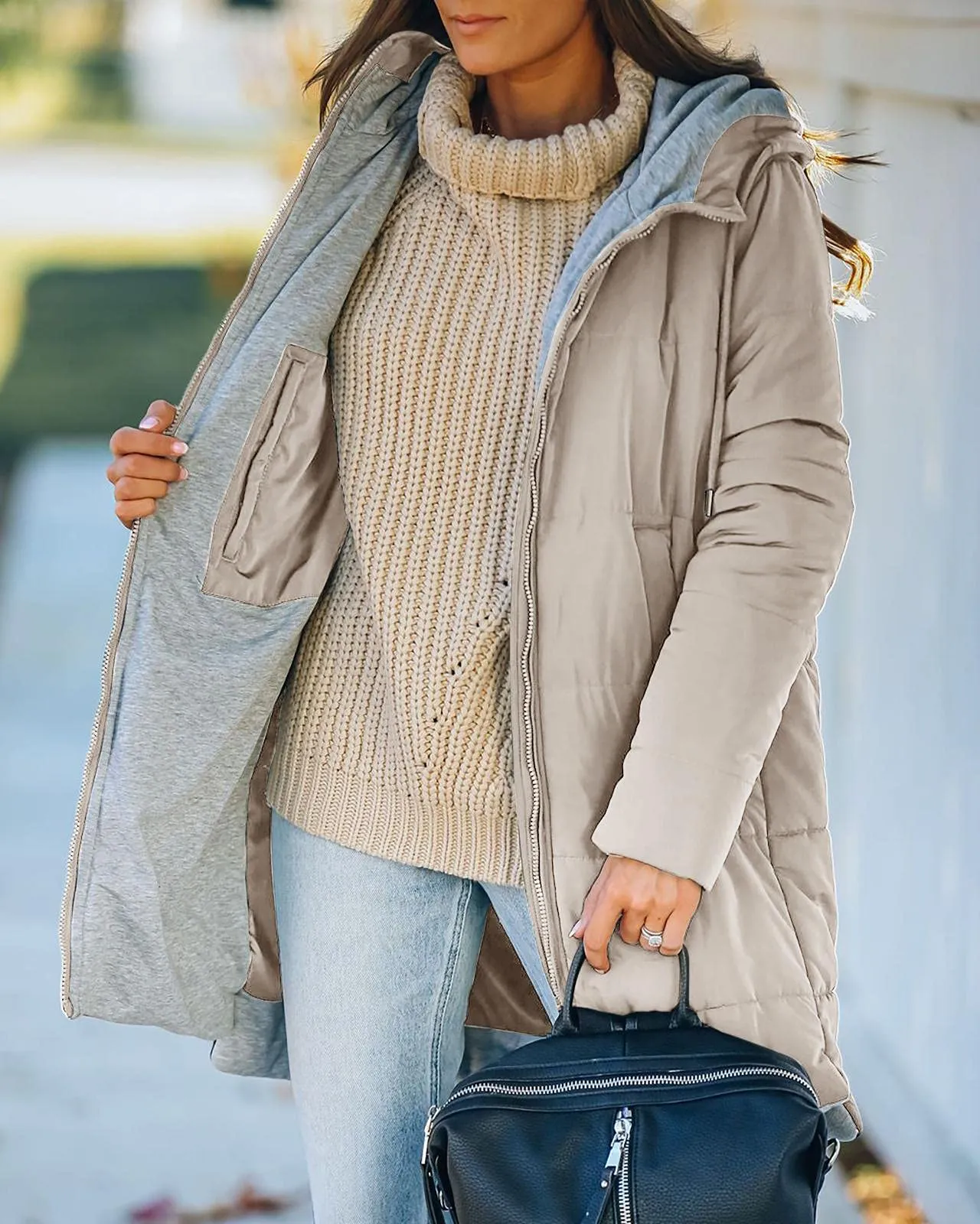 🔥🔥🔥🔥Women's Mid Quilted Jacket with Hood & Pockets