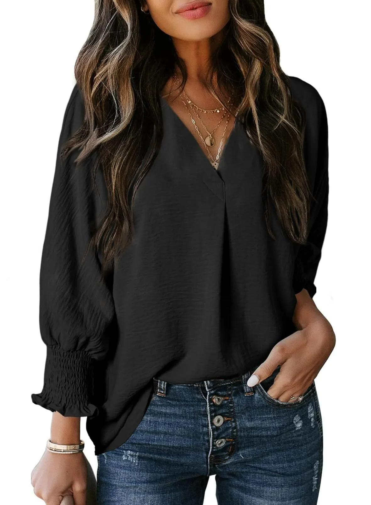 🔥🔥🔥🔥Womens Casual 3/4 Sleeve V Neck Loose Fit Basic Tees