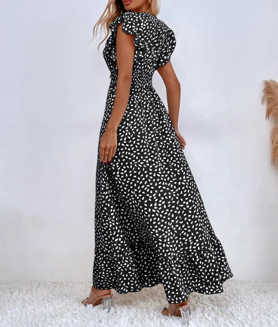 PRINT RUFFLE SLEEVE V NECK MAXI DRESS