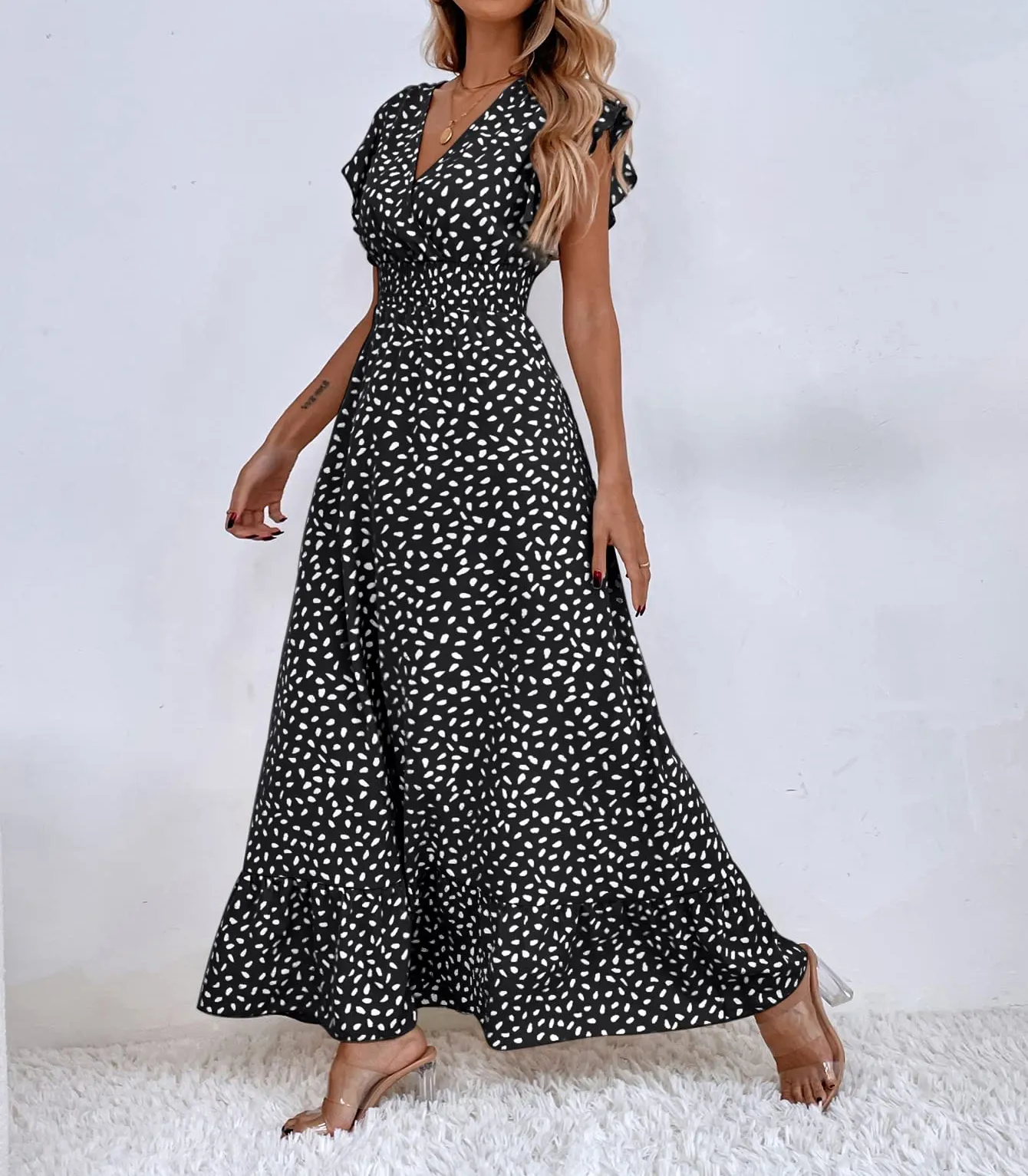 PRINT RUFFLE SLEEVE V NECK MAXI DRESS