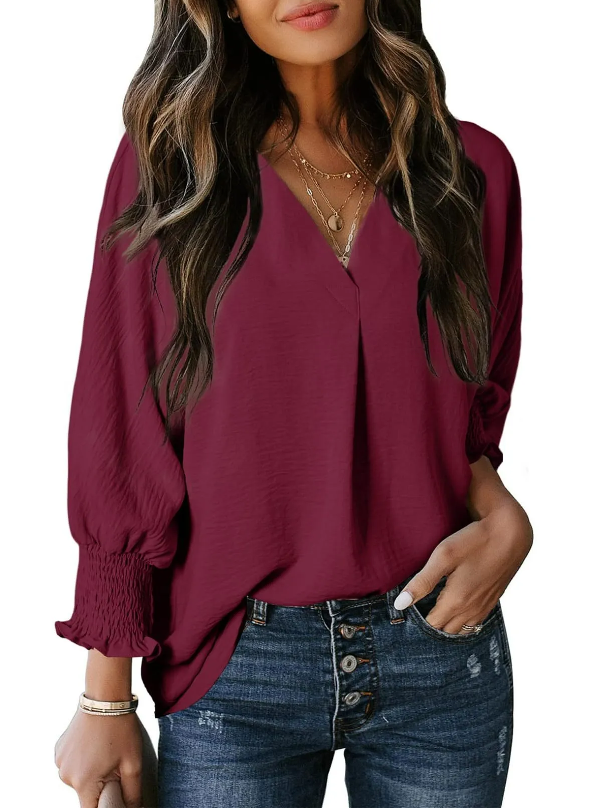 🔥🔥🔥🔥Womens Casual 3/4 Sleeve V Neck Loose Fit Basic Tees