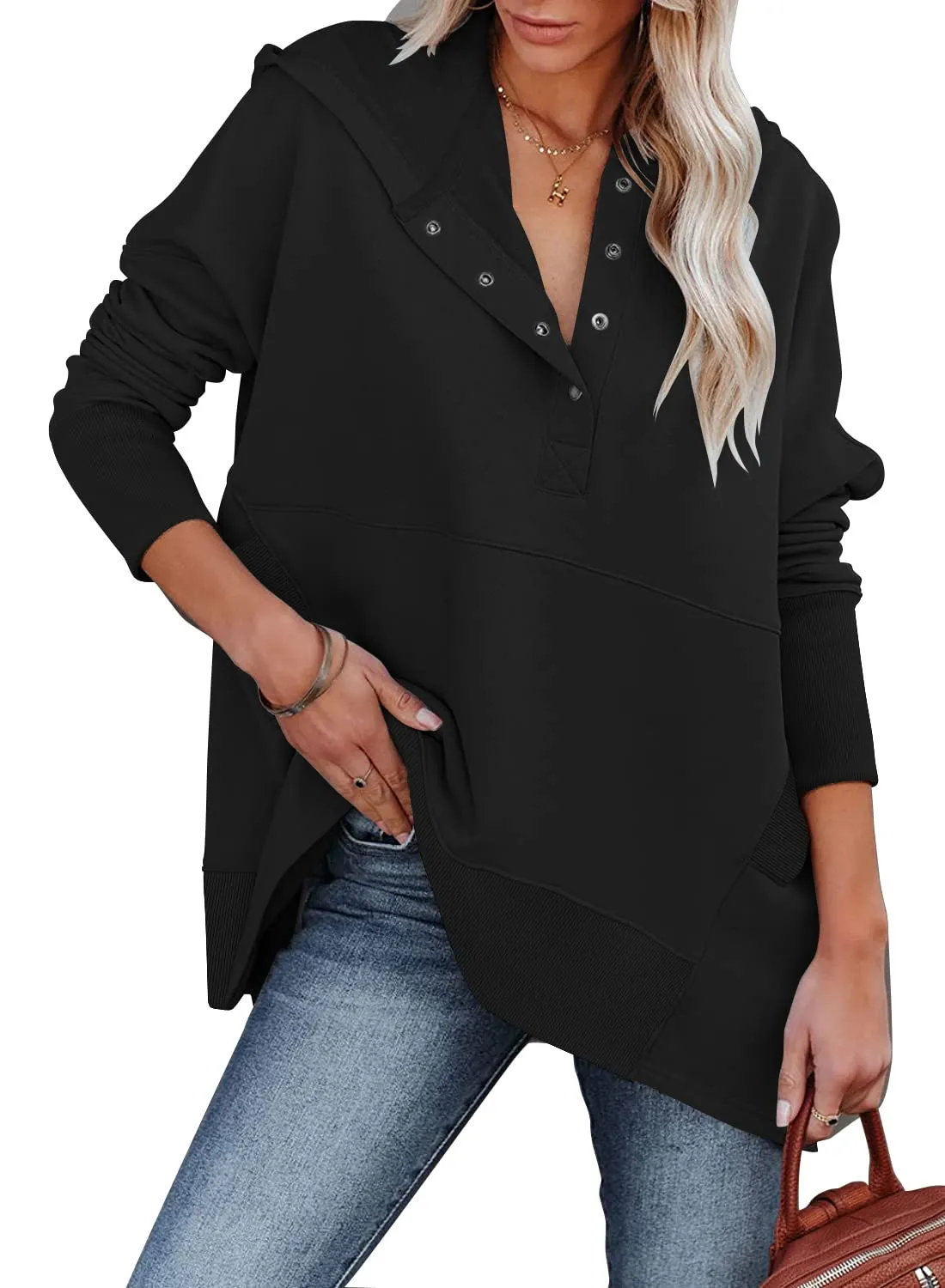 🔥🔥🔥🔥Women's Oversized Button Collar Long Sleeve Sweatshirt With Pocket
