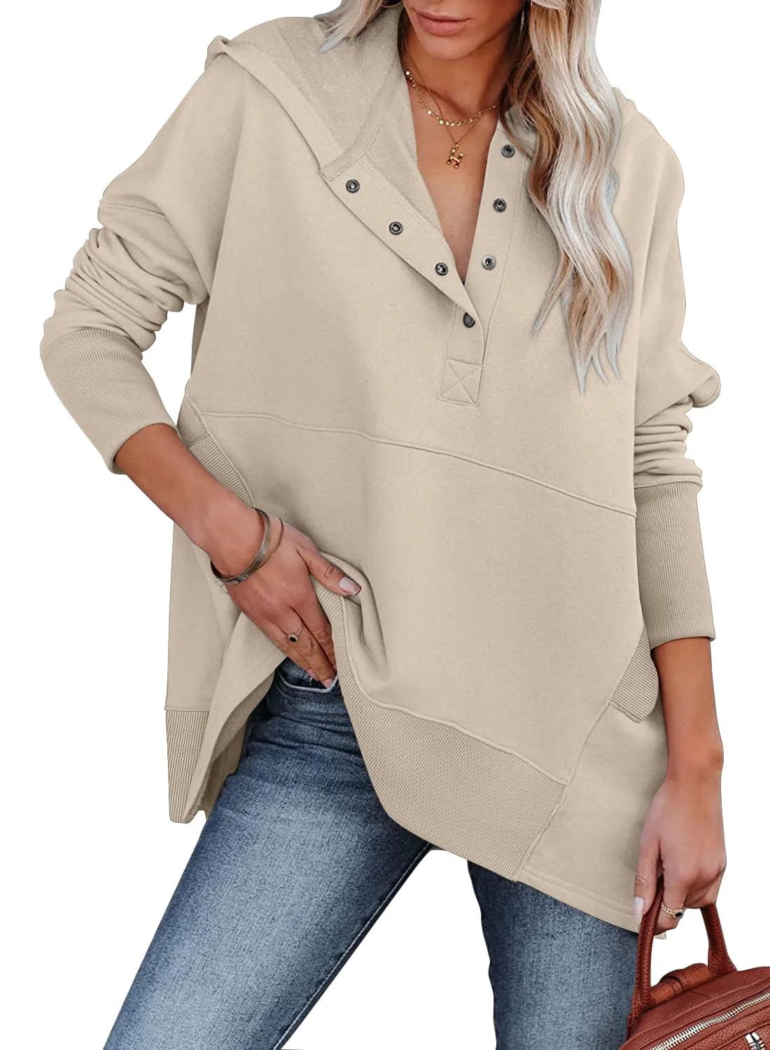 🔥🔥🔥🔥Women's Oversized Button Collar Long Sleeve Sweatshirt With Pocket