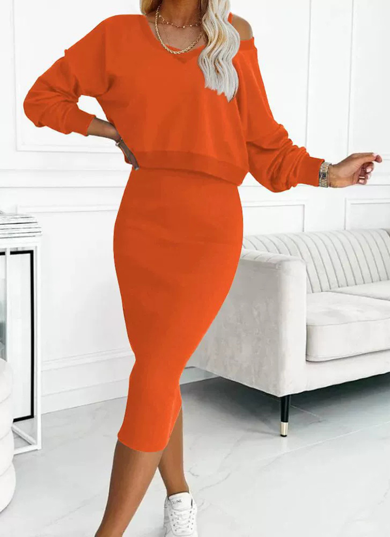 Women's Two Piece Skirt Suit Long Sleeve Fashion V Neck Off Shoulder Knit Tunic Top Loose High Waist Dress Set(BUY 2 FREE SHIPPING)