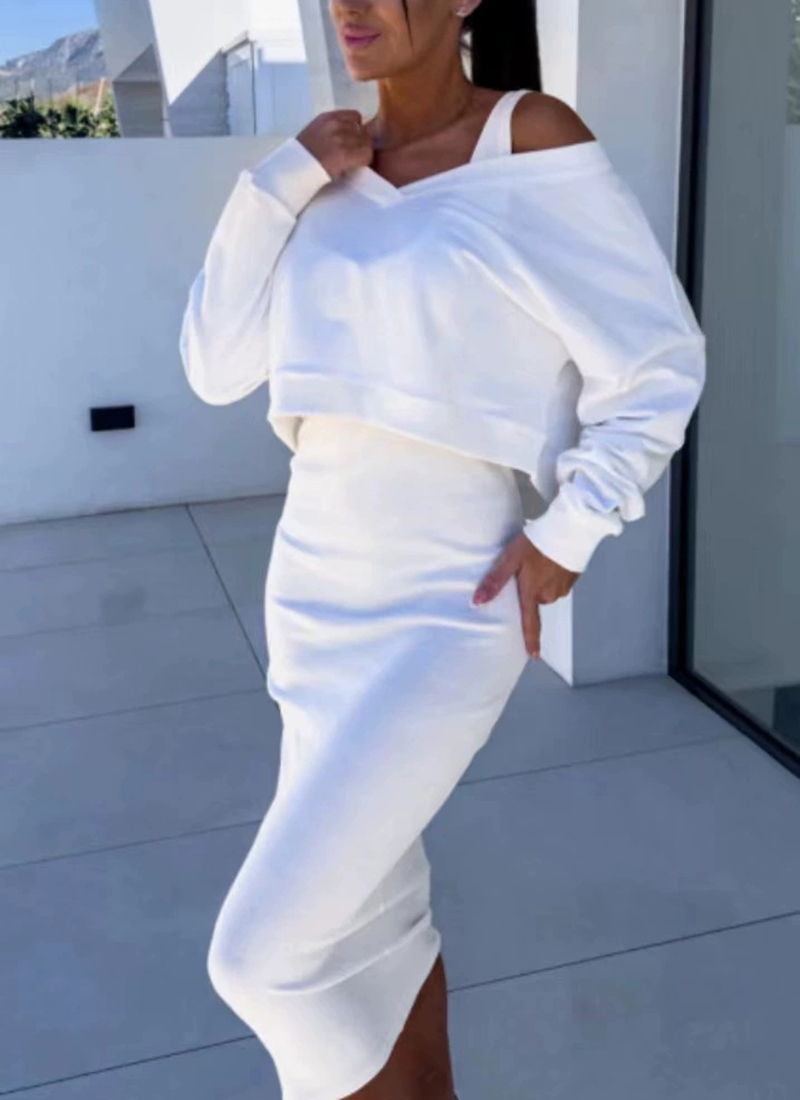 Women's Two Piece Skirt Suit Long Sleeve Fashion V Neck Off Shoulder Knit Tunic Top Loose High Waist Dress Set(BUY 2 FREE SHIPPING)