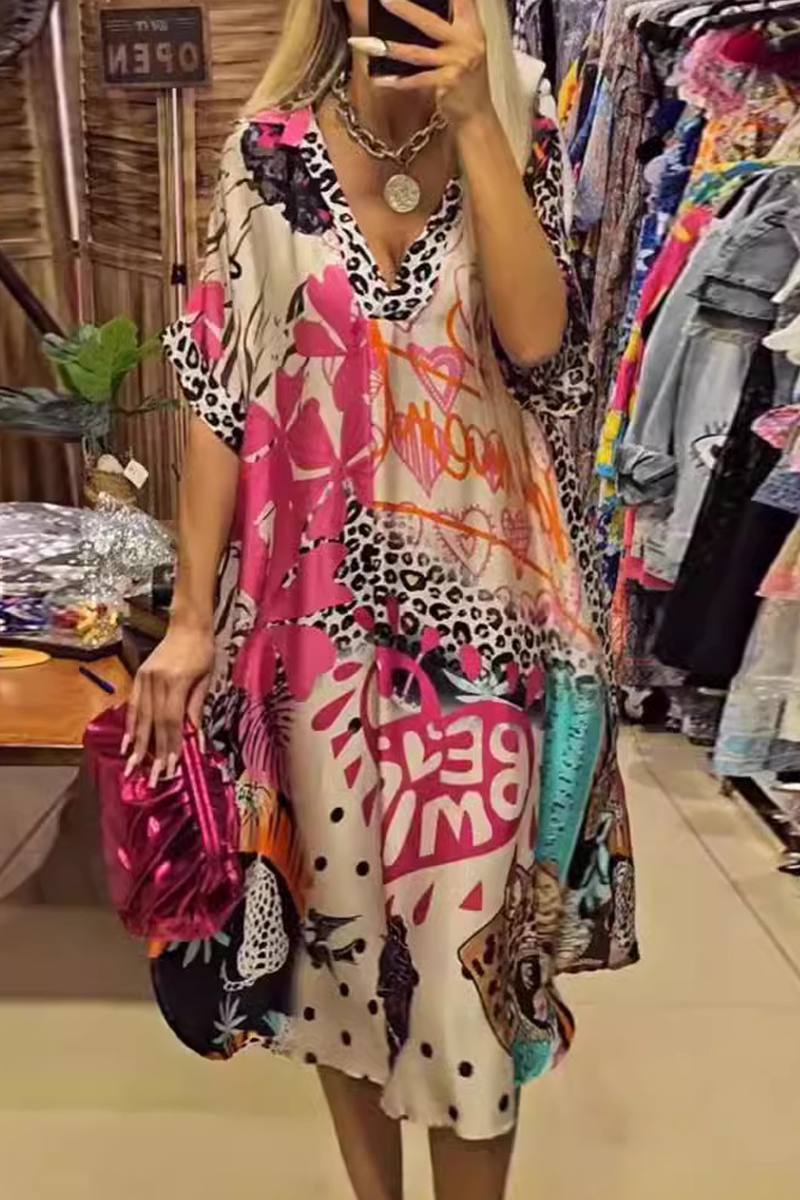 Casual Street Letters Leopard Irregular V Neck A Line Short Sleeve Dress（BUY 2 FREE SHIPPING)