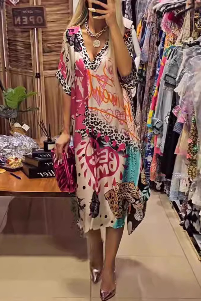 Casual Street Letters Leopard Irregular V Neck A Line Short Sleeve Dress（BUY 2 FREE SHIPPING)