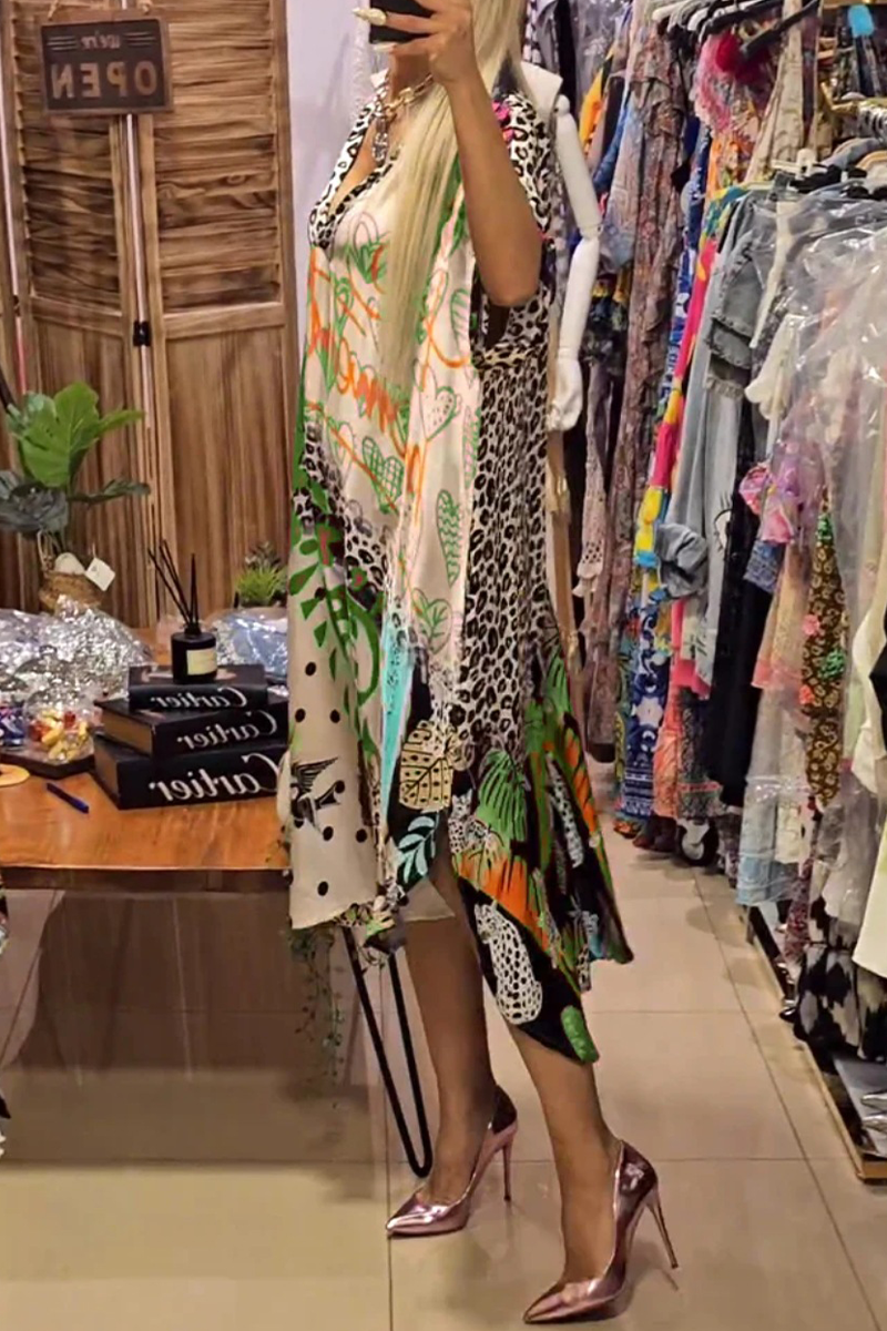 Casual Street Letters Leopard Irregular V Neck A Line Short Sleeve Dress（BUY 2 FREE SHIPPING)