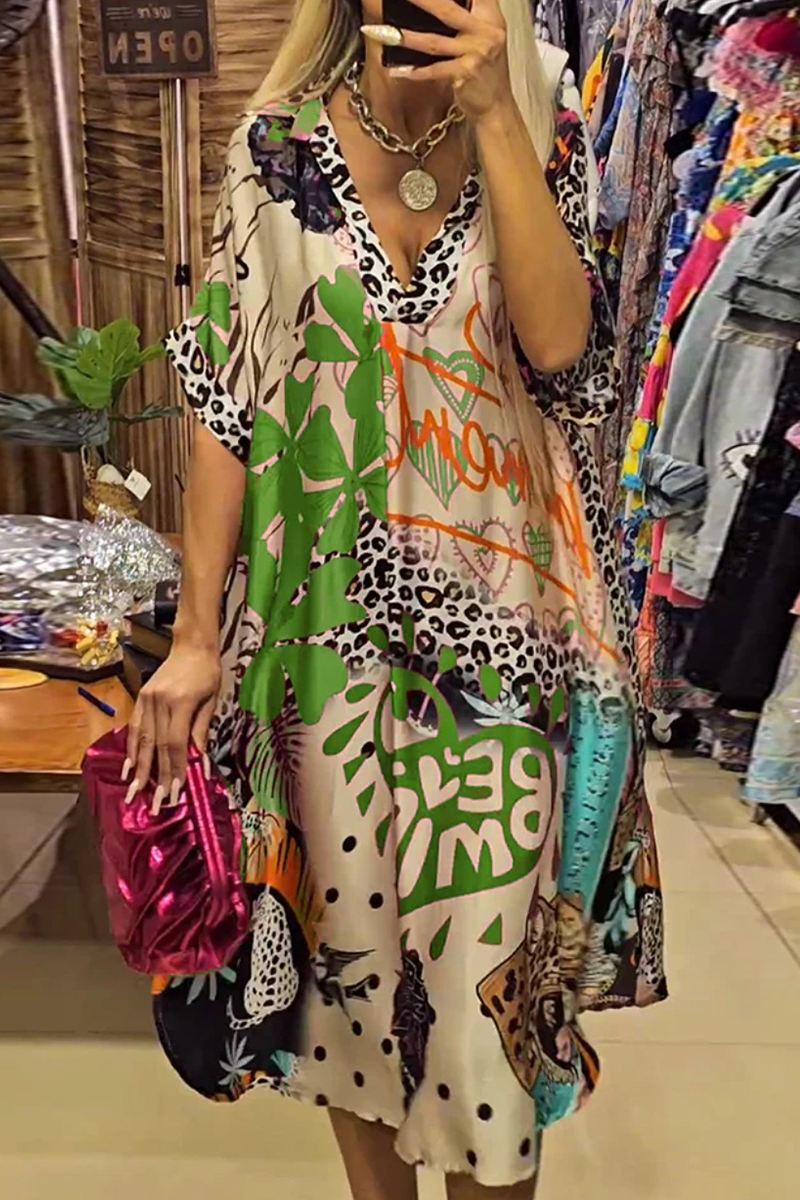 Casual Street Letters Leopard Irregular V Neck A Line Short Sleeve Dress（BUY 2 FREE SHIPPING)