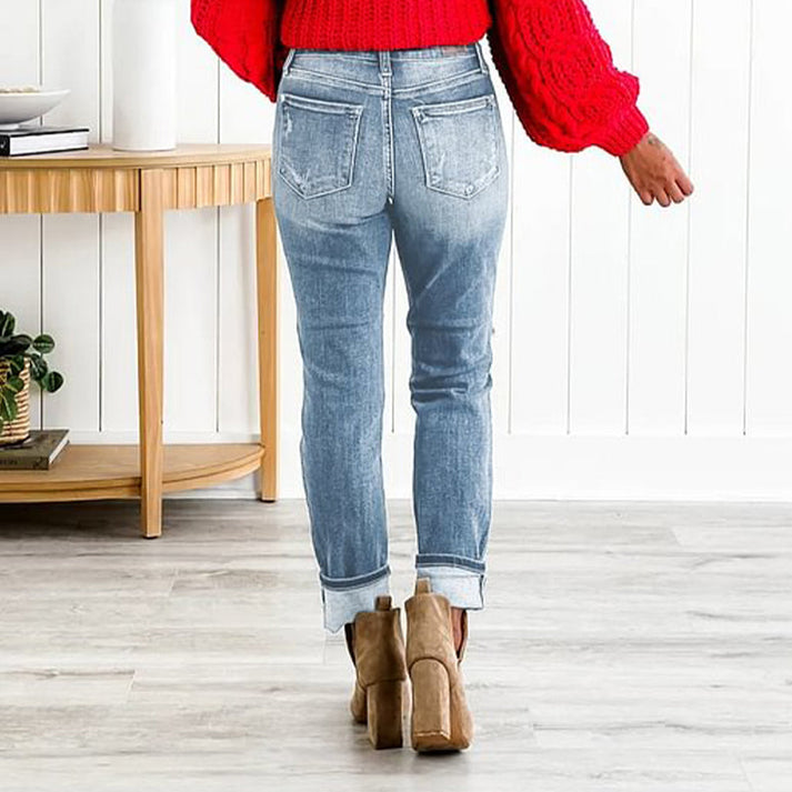 Women's Tummy Control Distressed Cuffed Boyfriend Jeans(BUY 2 FREE SHIPPING)