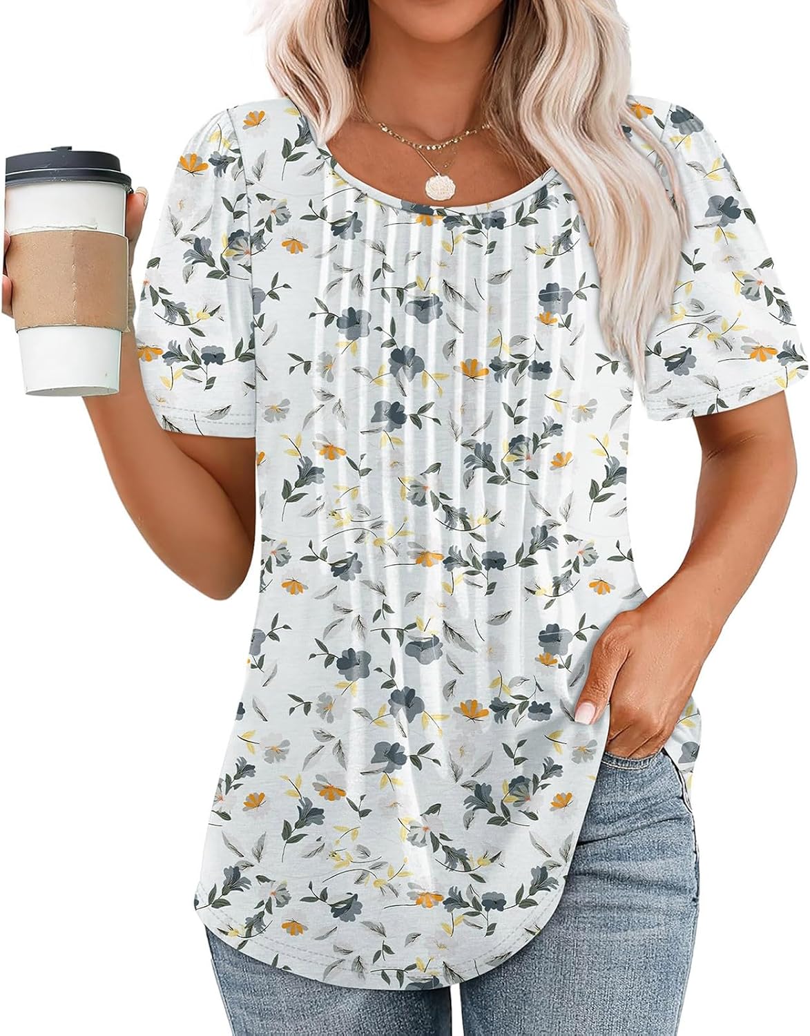 Women's Short Sleeve Pleated Dressy Casual Scooped Neck Tops(BUY 3 FREE SHIPPING)