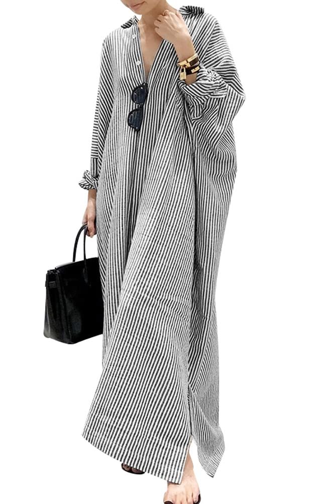 2025 New Women's Casual Long Sleeve Button Down Loose Striped Maxi Shirt Dress(buy 2 free shipping)