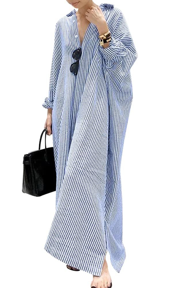 2025 New Women's Casual Long Sleeve Button Down Loose Striped Maxi Shirt Dress(buy 2 free shipping)