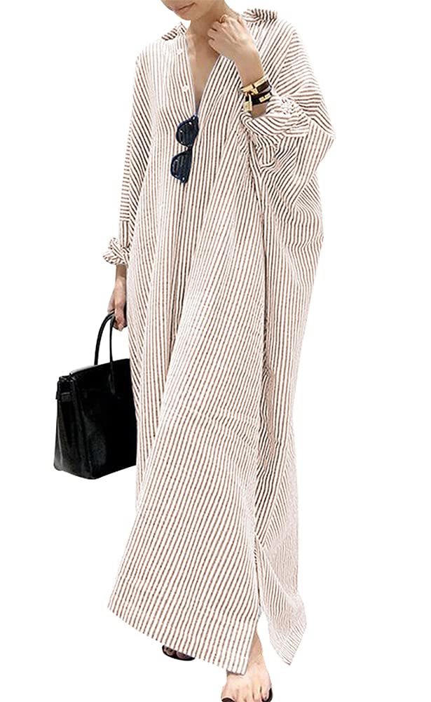 2025 New Women's Casual Long Sleeve Button Down Loose Striped Maxi Shirt Dress(buy 2 free shipping)