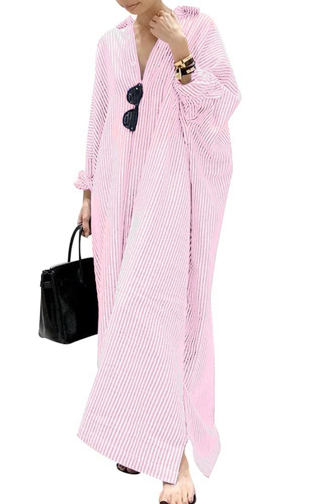 2025 New Women's Casual Long Sleeve Button Down Loose Striped Maxi Shirt Dress(buy 2 free shipping)
