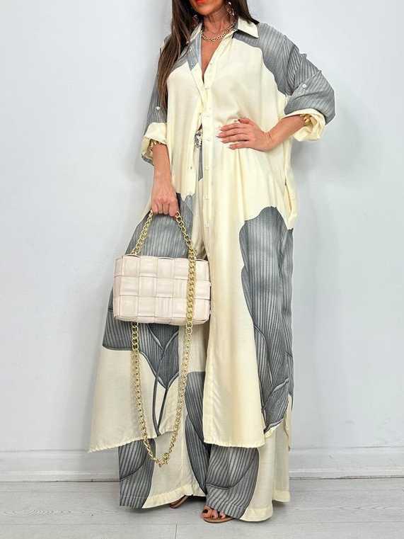 Printed Midi Top And Wide-Leg Pants Two-Piece Set（BUY 2 FREE SHIPPING)