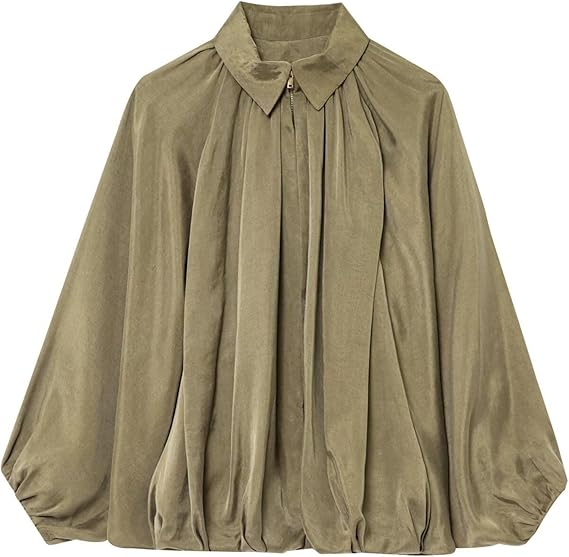 Puff Sleeve Zip-Up Lapel Bomber Jacket（BUY 2 FREE SHIPPING)