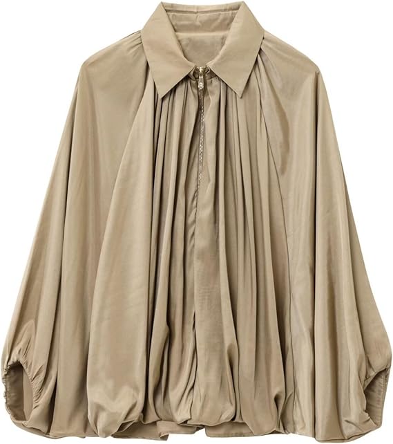 Puff Sleeve Zip-Up Lapel Bomber Jacket（BUY 2 FREE SHIPPING)