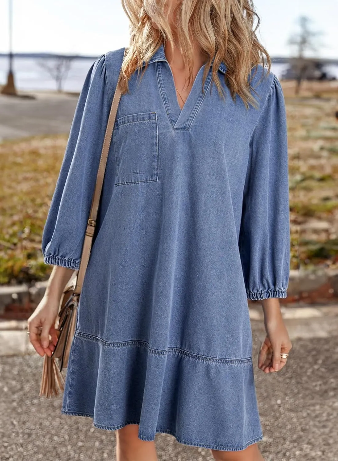 Women's V-neck Puff Sleeve Denim Layered Dress