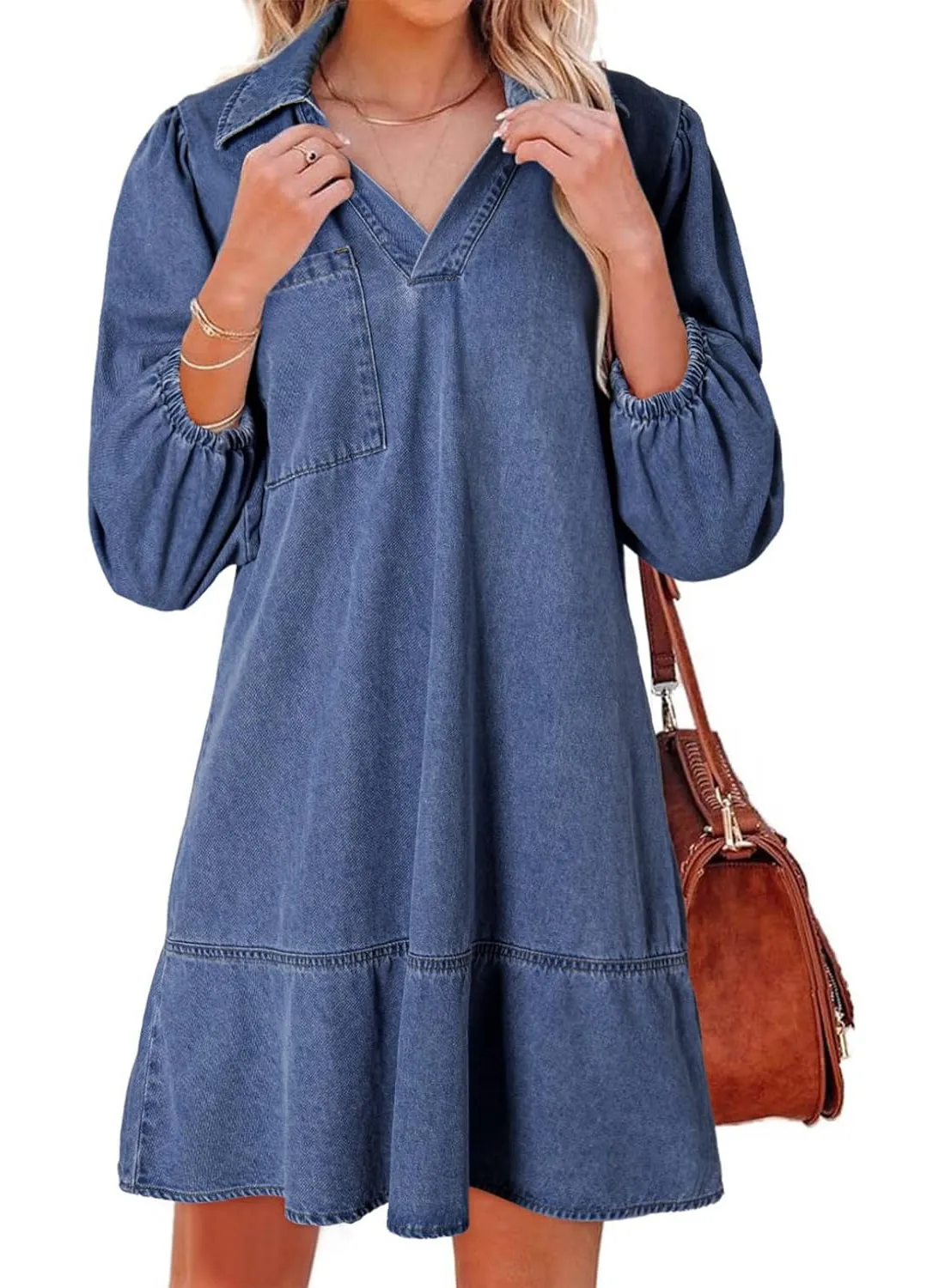 Women's V-neck Puff Sleeve Denim Layered Dress